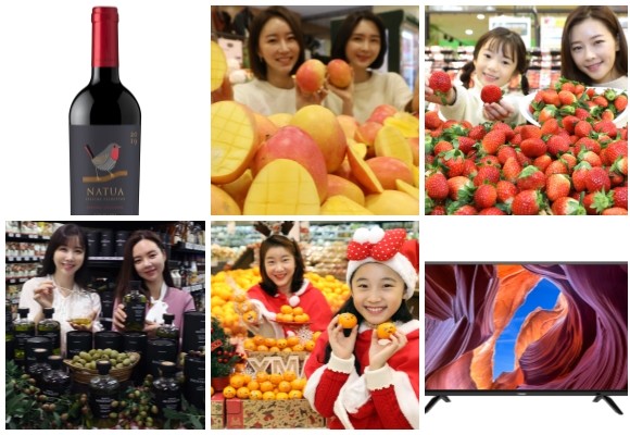 (왼쪽부터 시계방향) 롯데마트 나투아 스페셜 셀렉션·애플망고·설향 딸기, 홈플러스 인켈 40형 Full HD TV, 이마트 크리스마스 감귤, 신세계백화점 프리미엄 올리브 오일. ⓒ 각 사