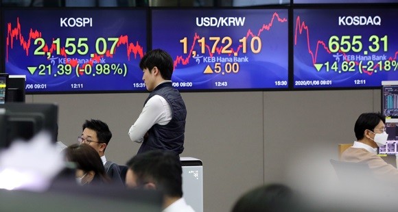 '1월 효과'를 기대하던 국내 증시에 중동발 리스크가 고조됨에 따라 미미한 흐름을 보이고 있다. 전문가들은 당장 증시에 미치는 영향은 있겠지만, 장기전으로 갈 가능성은 많지 않다고 판단하면서 증시에 미칠 영향도 제한적일 것이란 평가다. 사진은 6일 코스피가 전 거래일보다 21.39p(0.98%) 떨어진 2155.07로 거래를 마감한 모습. ⓒ 연합뉴스