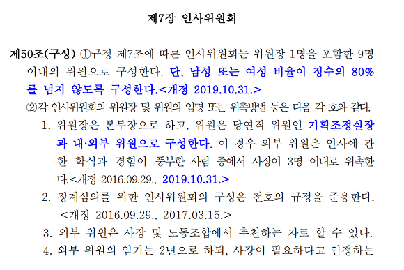 2019년 10월31일 인사규정 시행내규 개정으로 기획조정실장이 당연직 위원으로 인사위원회에 참석하는 조항이 추가됐다. ⓒ 프라임경제.