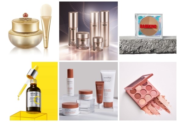 (왼쪽부터 시계방향) 후 천율단 화율 마스크, CNP Rx 더 수프리머시 5종, 레어카인드 미니앨범 투고 브라운, 아리따움 모노아이즈 팔레트 4종, 이니스프리 브라이트닝 포어 세럼, 미샤 비타씨플러스 라인. ⓒ 각 사