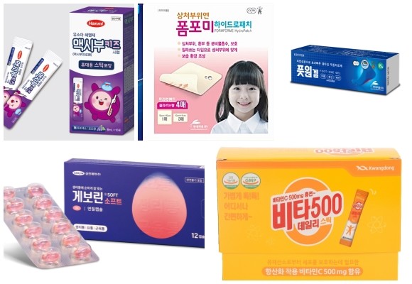 (왼쪽부터 시계방향) 한미약품 짜먹는 맥시부펜, 현대약품 폼포미 하이드로패치·풋원겔, 광동제약 비타500 데일리 스틱, 삼진제약 게보린 소프트 연질캡슐. ⓒ 각 사
