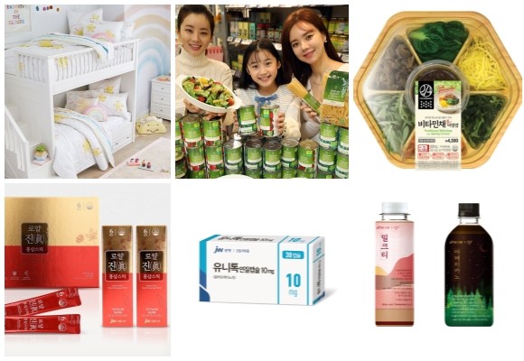 (왼쪽부터 시계방향) 현대리바트 포터리반 키즈 신상품 선봬, 이마트 웨이트로즈 더치 오가닉 7종, 이마트24 봄 시즌 한정 메뉴 2종, 세븐일레븐 감성 음료, JW홀딩스 유니톡, JW생활건강 6년근 홍삼스틱. ⓒ 각 사