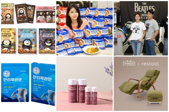 (왼쪽부터 시계방향) 이마트 피코크X펭수 콜라보 상품, 홈플러스·삼양식품 국민비빔면, 데이즈 아트콜라보 티셔츠, 휴테크 레스툴 스윙 마사지 체어, 뉴오리진 이너플로라 페미닌 파우더 워시, 유한양행 안티푸라민 쿨파워 플라스타. ⓒ 각 사