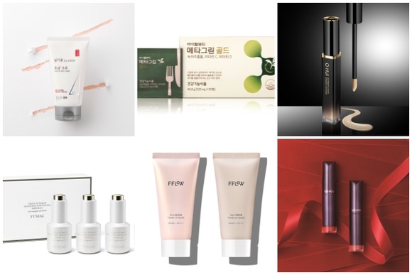 (왼쪽부터 시계방향) 일리윤 튼살 크림, 바이탈뷰티 메타그린 골, 오휘 얼티밋 커버 롱웨어 컨실러, VDIVOV 립컷 새틴 리퀴드 루즈, 플로우 선 톤업 베이스 2종, 연작 기능성 스킨케어 2종. ⓒ 각 사