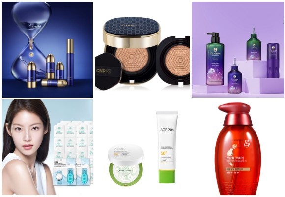 (왼쪽부터 시계방향) 숨37° 워터-풀 인텐스 인리치드 앰풀, CNP Rx 스킨 레쥬버네이팅 미라클 앰플 인 쿠션, 닥터그루트 마이크로바이옴 제네시크7 라인, 려 천삼화 라인, 에이지투웨니스 롱 프로텍션 선케어, 웰라쥬 리얼 히알루로닉 바이오 캡슐&블루솔루션 홈쇼핑 방송. ⓒ 각 사