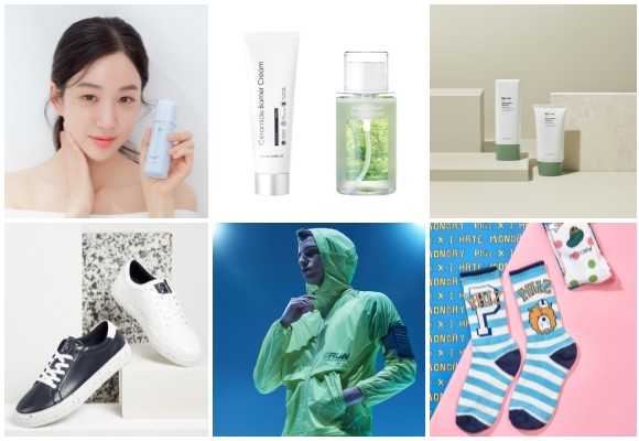 (왼쪽부터 시계방향) 아떼 하이드라 글라시에, 셀리턴 저자극 스킨케어 코스메틱 3종 출시, 비브 안티폴루션 선케어 2종, 헤지스-아이헤이트먼데이 협업 상품 출시, 질스튜어트스포츠 네오팩, 타미힐피거 애플스킨 스니커즈. ⓒ 각 사