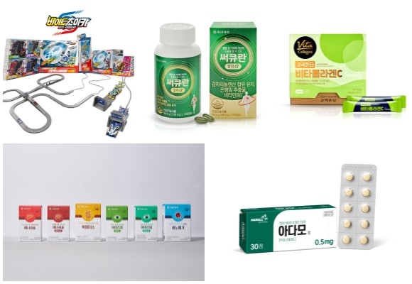(왼쪽부터 시계방향) 손오공 바이트초이카, 동아제약 써큐란 알파, 고려은단 비타콜라겐C, 한올바이오파마 두타스테리드 0.5mg 발매, 대웅제약 맞춤 건강기능식품 6종. ⓒ 각 사