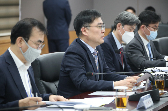 23일 정부서울청사에서 시중은행 부행장과 금융협회 관계자들이 참석한 가운데 열린 코로나19 대응 기업 지원을 위한 금융권 간담회에서 발언 중인 손병두 금융위원회 부위원장(왼쪽에서 두 번째) 모습. ⓒ 연합뉴스