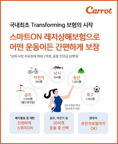 캐롯손해보험이 필요할 때마다 20여개 레저종목으로 담보를 변경할 수 있는 '스마트ON 레저상해보험'을 출시했다. ⓒ 캐롯손해보험