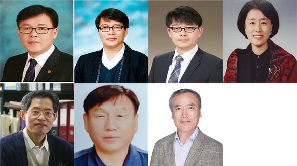 아이들이 다니고 싶은 학교를 만든 대표 수상자 7인. 왼쪽상단부터 △충청북도교육청 기획국장 민경찬 △신동필 서울 한영고등학교 교사 △김창섭 대구대남초등학교 교사△진영아 서울 내곡중학교 교감 △민병일 포항공과대학교 교수 △정의학 경기 화성나래학교 교장 △양종국 한국복지대학교 교수. ⓒ교육부