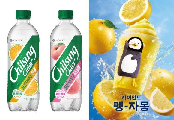 (왼쪽) 칠성사이다 신제품 '복숭아'와 '청귤맛' (오른쪽) 파리바게뜨 펭수 협업 신메뉴 출시. ⓒ 각 사 제공