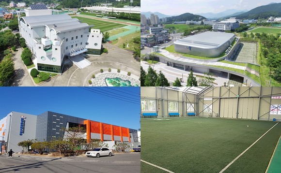 왼쪽 위에부터 시계방향으로 밀양스포츠센터, 배드민턴경기장, 실내게이트볼장, 문화체육회관. ⓒ 밀양시