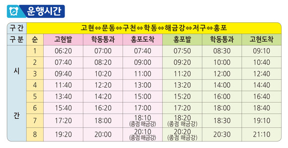 쪽빛바다 버스 운행 시간표. ⓒ 거제시