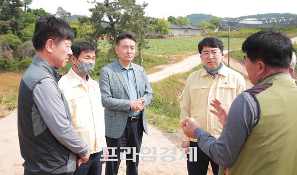 맹정호 서산시장이 마늘 산지폐기 현장을 방문해 상황을 점검하고 농민들의 애로사항을 듣고 있다. ⓒ 서산시
