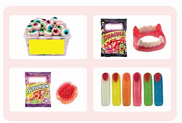 사람의 머리‧눈 등 인체 특정부위 모양으로 혐오감을 주거나 돈‧화투 등 사행심을 조장하는 도안‧문구가 있는 어린이 기호식품은 제조‧수입‧판매 등이 금지돼 있다. ⓒ 식약처