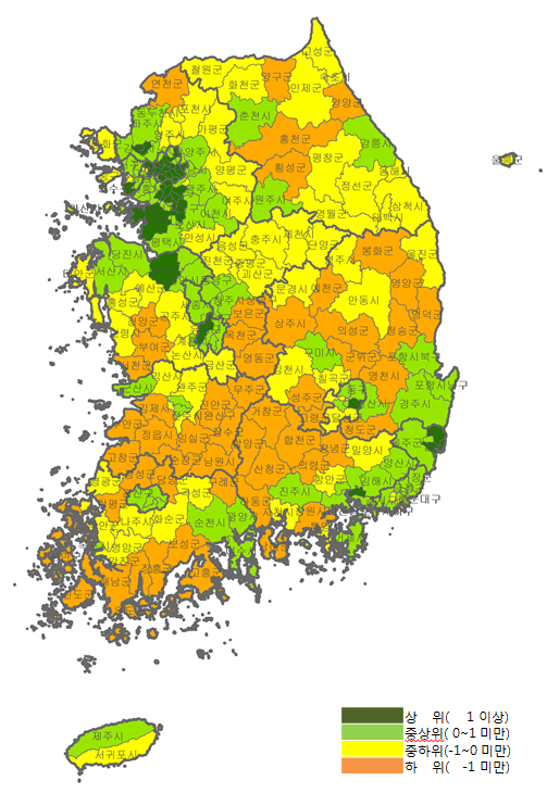 2015년 시군구별 일자리 질 지수 분포. ⓒ 한국고용정보원