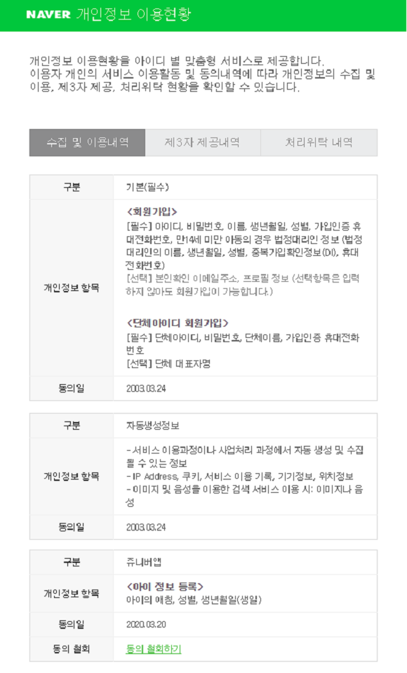 개편된 개인정보 이용현황 서비스 모습. ⓒ 네이버