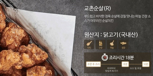 교촌치킨은 순살을 포함한 윙, 봉, 한마리 치킨 등 모든 메뉴를 국내산 닭고기로 사용하고 있다. ⓒ 교촌치킨 홈페이지