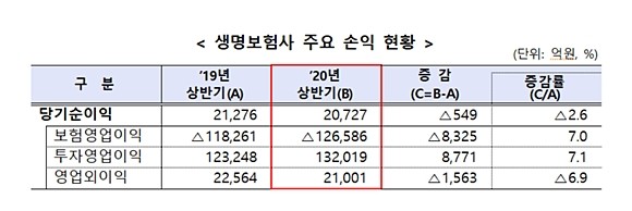 올해 상반기 생명보험사 당기순이익이 지난해 대비 소폭 감소한 것으로 나타났다. 이는 주가하락에 따른 책임준비금 전입액이 전년 보다 급증한 탓으로 분석된다. ⓒ 금융감독원
