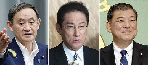 왼쪽부터 스가 요시히데 관방장관, 기시다 후미오 자민당 정조회장, 이시바 시게루 전 자민당 간사장. ⓒ 교도통신-연합뉴스