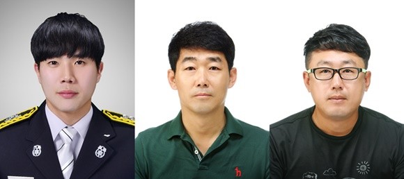 LG복지재단이 폭우현장 영웅들인 고(故) 김국환 소방장(왼쪽부터)과 최봉석 씨, 손성모 씨에게 LG 의인상을 수여했다. ⓒ LG