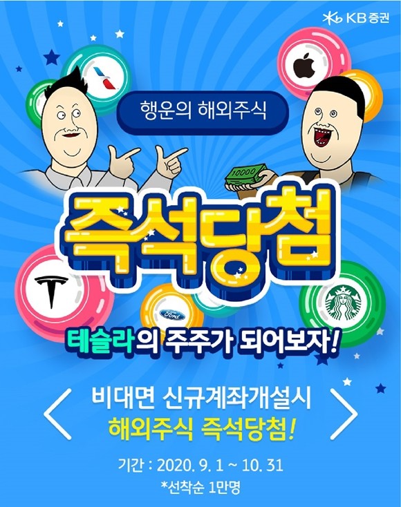 KB증권은 오는 10월31일까지 비대면 신규 계좌개설 시 테슬라, 애플 등 해외 유명 주식을 증정하는 '해외주식 즉석당첨' 이벤트를 진행한다. ⓒ KB증권
