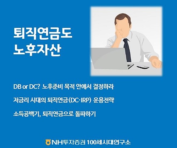 NH투자증권 100세시대연구소는 5일 'DB or DC? 노후준비 목적 안에서 결정하라' 등 3가지 주제를 분석한 퇴직연금 특집 'THE100리포트 66호'를 발간했다. ⓒ NH투자증권