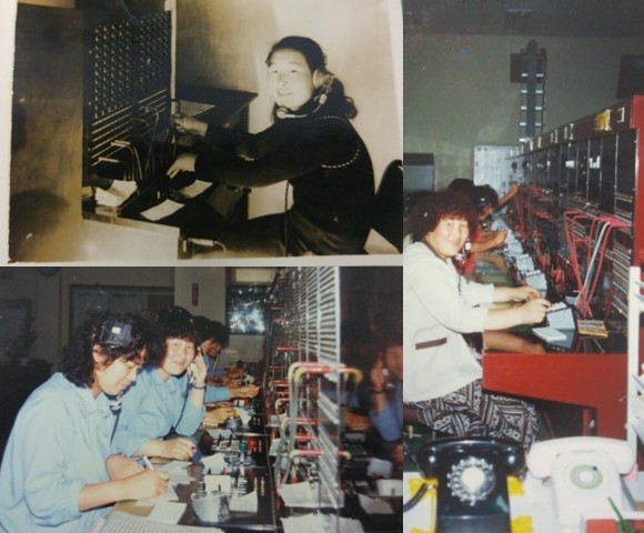 사진은 (왼쪽위)1978년 좌석식 교환기를 사용하는 상담사 모습. (왼쪽아래)1982년 공전식 교환기로 상담하는 모습. ⓒ KTCS