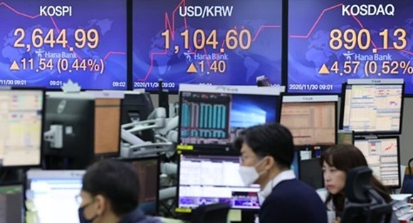 코스피가 30일 장중 최고치를 경신하며 출발했다. 이날 오전 9시2분 코스피는 전날보다 11.19p(0.42%) 오른 2644.64를 가리켰다. 지수는 전장보다 14.60p(0.55%) 오른 2648.05에 출발했다. 사진은 이날 서울 명동 하나은행 딜링룸 모습. ⓒ 연합뉴스