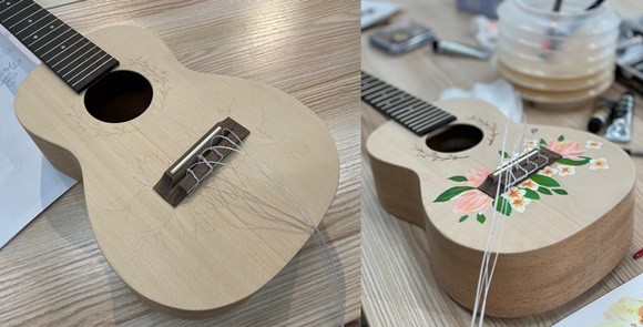 나만의 우쿨렐레 만들기 프로그램에서 우쿨렐레 바디에 직접 밑그림을 그리고 색칠을 했습니다. = 김다이 기자