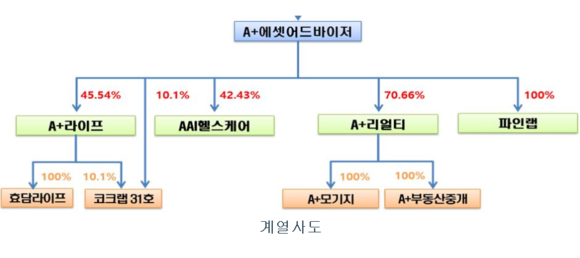 에이플러스에셋 계열회사 간 지배·종속 출자 현황을 파악할 수 있는 계통도. ⓒ 에이플러스에셋 감사보고서