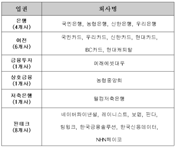 마이데이터 예비허가를 받은 업체 목록. ⓒ 금융위원회