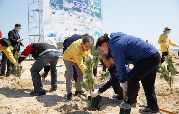 김병숙 서부발전 사장이 강원도 고성군 송지호 해수욕장에서 해송을 심고 있는 모습. ⓒ 서부발전