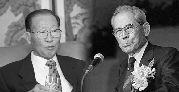고 정주영 현대그룹 명예회장(왼쪽)과 고 이병철 삼성그룹 회장(오른쪽). ⓒ 연합뉴스