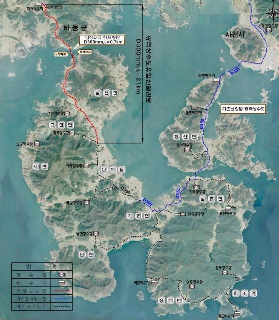 상수도 비상공급망 구축사업 남해~하동 계획도. ⓒ 남해군