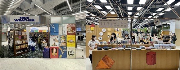 (왼쪽)나이스웨더에서는 의류와 잡화, 식품, 주류 등 다양한 제품을 판매하고 있다. (오른쪽)SNS에서 제니 등 연예인들이 사용하면서 인기를 끈 크로우캐년홈에서 고객들이 이른 아침부터 줄을 서서 번호표를 뽑고 차례로 제품을 구매했다. = 김다이 기자
