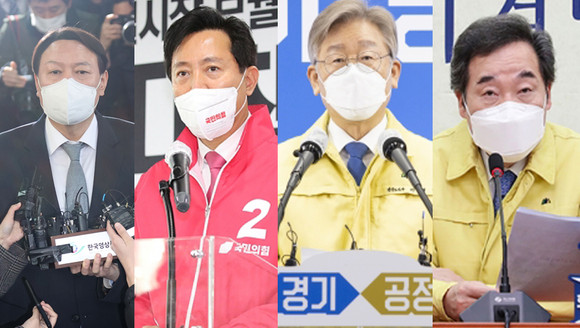 윤석열 전 검찰총장(왼쪽부터), 오세훈 국민의힘 서울시장 후보, 이재명 경기도지사, 이낙연 더불어민주당 상임선거대책위원장. ⓒ 연합뉴스 캡처 및 합성