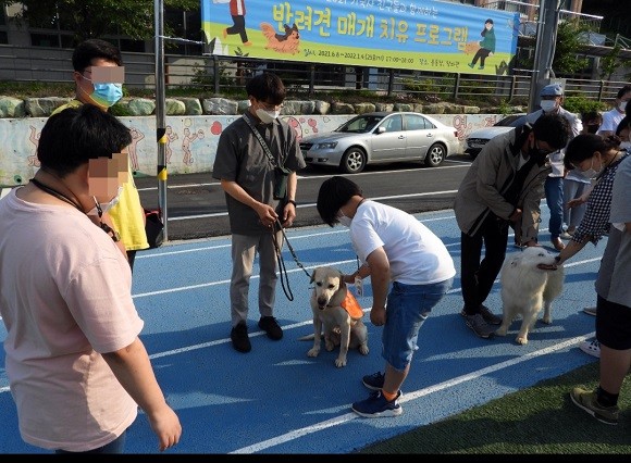 장애인 학생들이 반려견과 교감하며 친해지는 시간을 갖고 있다. ⓒ 프라임경제