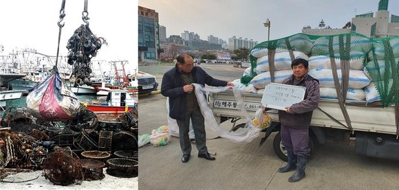 (왼쪽) 나일론어구 (오른쪽) 2019년 생분해성 어구 보급 모습. ⓒ 보령시