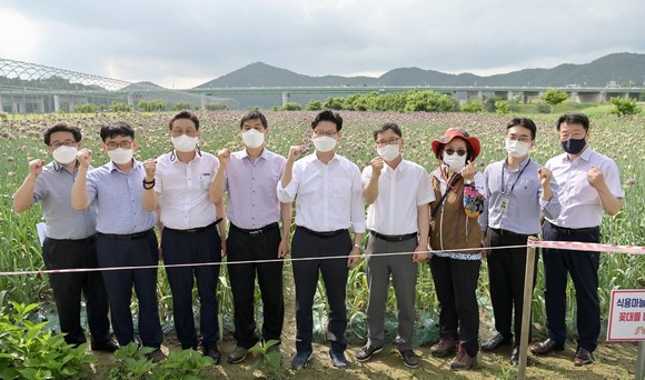 특색 있는 화단조성을 위해 금강 미르섬 코끼리마늘 꽃 식재 후 기념촬영을 하고 있다. ⓒ 공주시