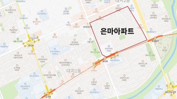 강남구 삼성로 212에 위치한 '은마아파트' 지도. ⓒ 네이버 지도