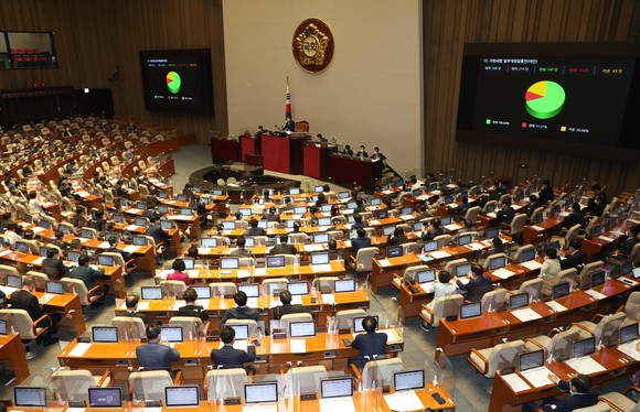 공휴일에 관한 법률 제정안이 29일 오후 서울 여의도 국회에서 열린 본회의에서 재석 206인에 찬성 152인·반대 18인·기권 36인으로 가결됐다. ⓒ 연합뉴스