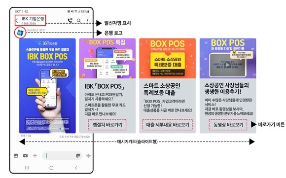 IBK기업은행이 은행을 사칭하는 문자피싱 등으로부터 고객을 보호하고 문자 내용에 대한 가독성을 높이기 위해 금융권 최초 '카드형 RCS 문자'서비스를 도입했다. ⓒ IBK기업은행