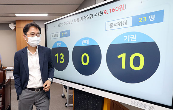 전국민주노동조합총연맹 소속 근로자위원 4명과 사용자위원 9명이 퇴장한 상태서 내년도 최저임금이 결정된 것이다. ⓒ 연합뉴스