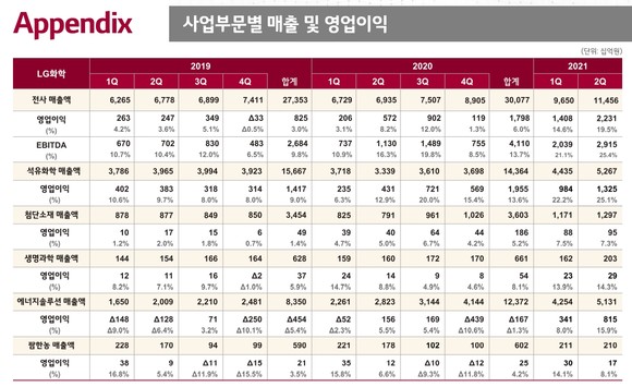 LG화학 2021년 2분기 사업부문별 실적 요약. ⓒ LG화학