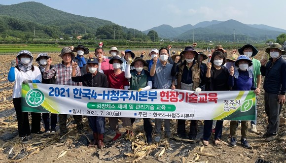 한국4-H청주시본부는 지난 30일 미원면 화원리에서 배추 재배 현장 기술교육과 함께 배추농가 일손 돕기를 진행 후 기념촬영을 하고 있다. ⓒ 청주시