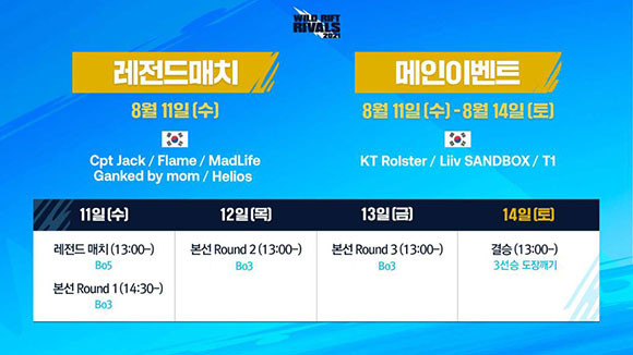 2021 와일드 리프트 라이벌즈 LCK VS LPL 인비테이셔널 일정표. ⓒ 라이엇 게임즈