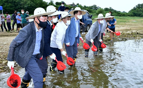 지난 10일 동자개 치어방류 행사 장면. ⓒ 제천시