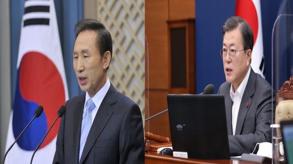 이명박 前 대통령(왼쪽)과 문재인 대통령. ⓒ 연합뉴스