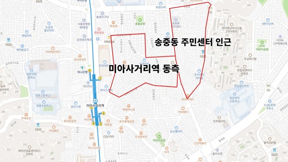 도심공공주택복합사업 2차 선도사업 후보지인 미아사거리역 동측과 송중동 주민센터 인근 지도. ⓒ 네이버지도
